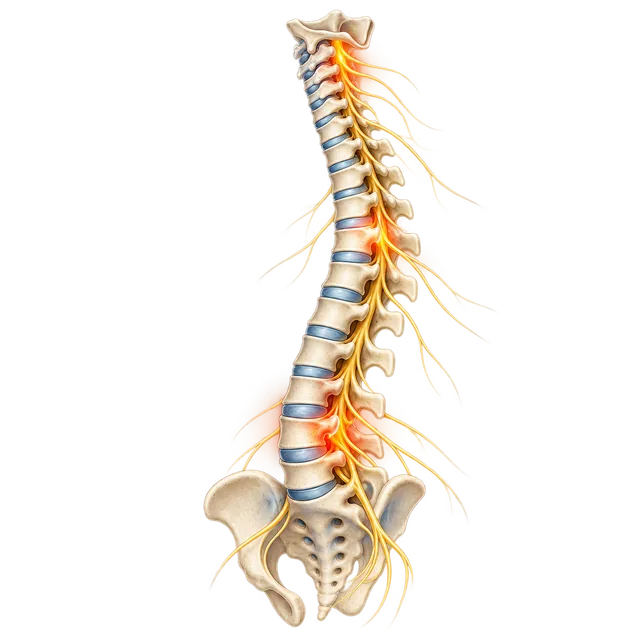 Ilustración de la columna vertebral con nervios irritados