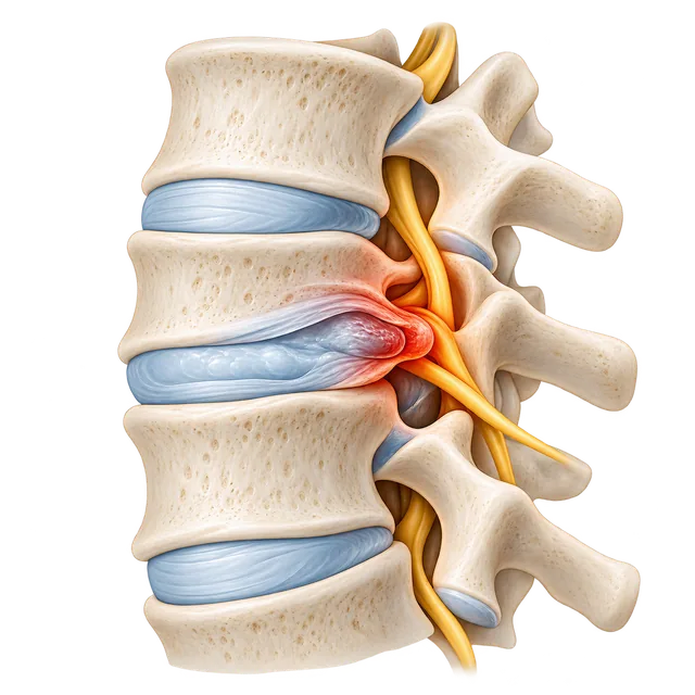 Ilustración de una hernia de disco lumbar que comprime un nervio