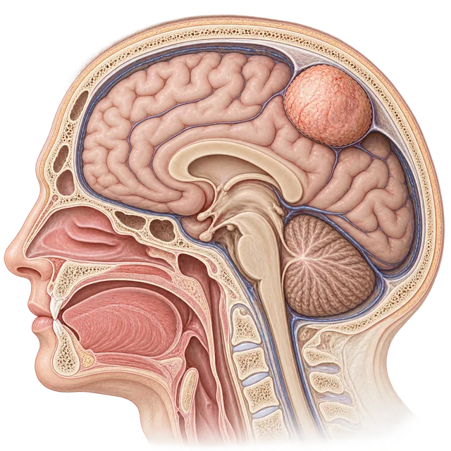 Ilustración de un corte sagital de la cabeza con un tumor meníngeo